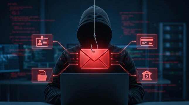 Hacker orchestrating a phishing email cyber attack and data theft scheme in front of computer screens
