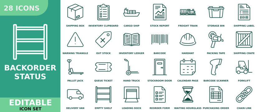 Backorder status icon set, collection of 28 outline icons for inventory management, logistics, and supply chain, vector illustration