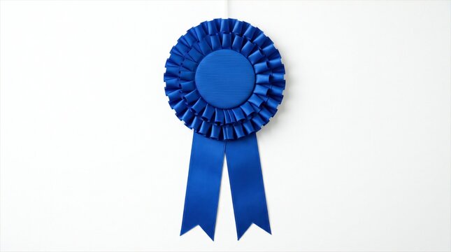 Blue prize rosette photo hanging against a clean white background