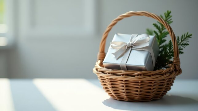 A delicately wrapped present nestled in a charming woven basket, adorned with a sprig of evergreen, bathed in soft sunlight