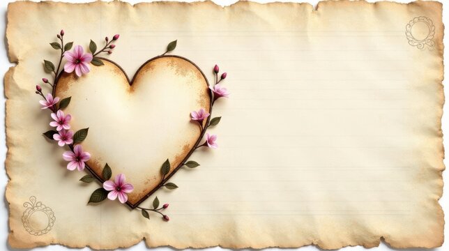Romantic heart-shaped paper art adorned with delicate pink blossoms on an aged parchment background, perfect for expressing heartfelt sentiments or creating beautiful invitations.