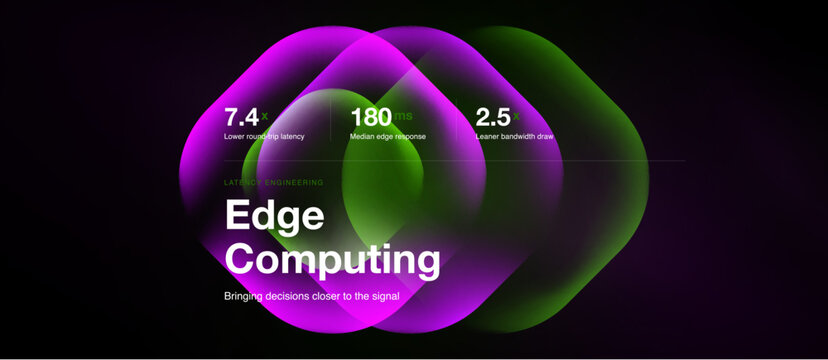 Abstract graphic depicts overlapping circles, vibrant colors. Text highlights edge computing, latency metrics, engineering focus. Modern design.