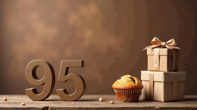 A delightful celebration featuring a golden ninety-five, a delicious muffin, and elegantly wrapped gifts on a rustic wooden surface