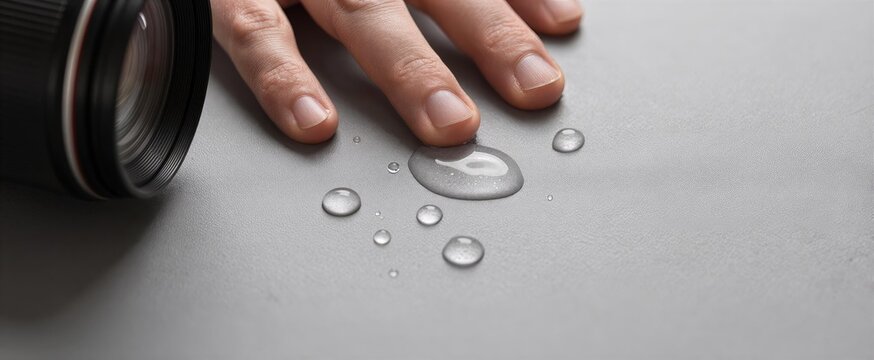 Captures Close Of Human Hand Resting On Surface With Several Water Droplets Scattered Around To Belong Adult Lines Creases Fingers