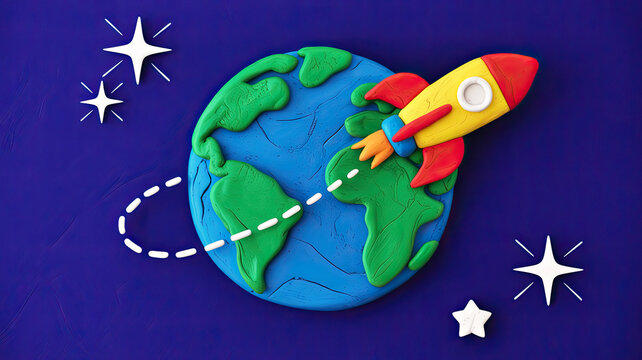 Clay craft of a colorful rocket ship launching from a blue planet earth, surrounded by white star shapes on a dark blue textured background