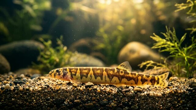 loach underwater close up at morning light in japan freshwater stream video