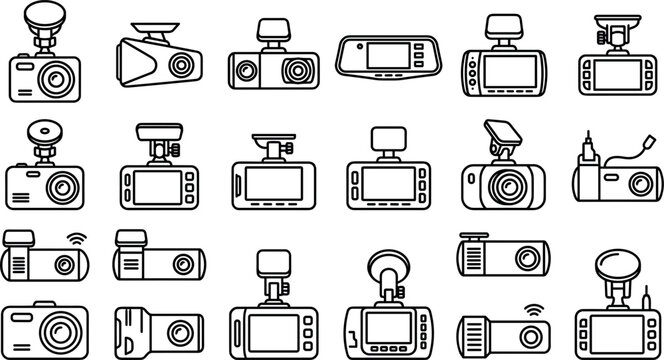 Car dashcam dashboard video camera icons set featuring vehicle recorders smart driving DVR security devices and monochrome line art vectors