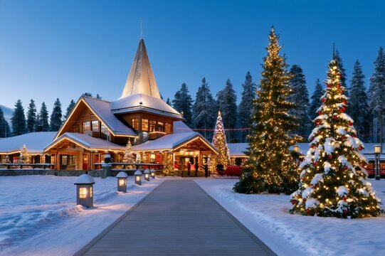 Santa Claus Village in Rovaniemi Lapland illuminated for Christmas