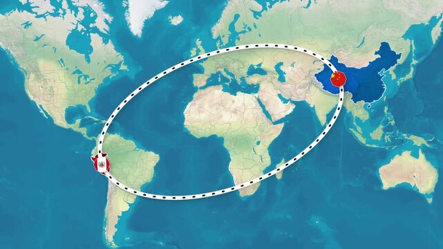 Animated Map Highlighting Regional Connection Between China and Peru Footage