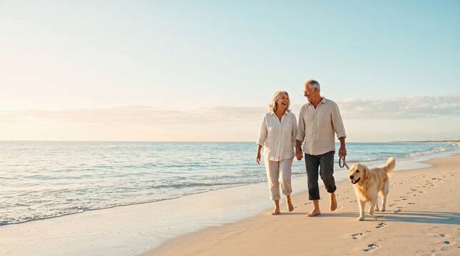 Happy senior couple holding hands walking golden retriever dog along sandy ocean beach coastline during warm sunny summer sunset outdoors together