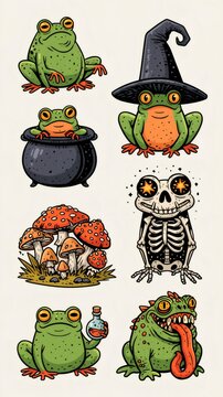 Cartoon Halloween frogs, toad, and mushroom stickers set