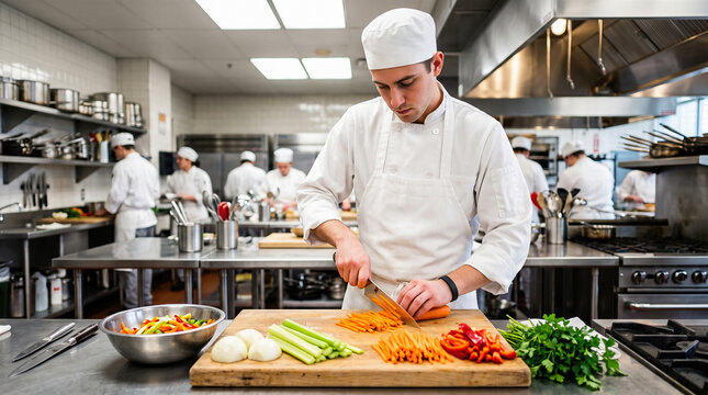 Professional male chef wearing white uniform hat slicing fresh orange carrots on wooden cutting board inside busy restaurant commercial culinary kitchen