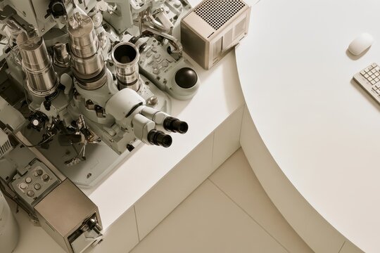 Top view of a professional electron microscope in a modern laboratory for advanced scientific research.