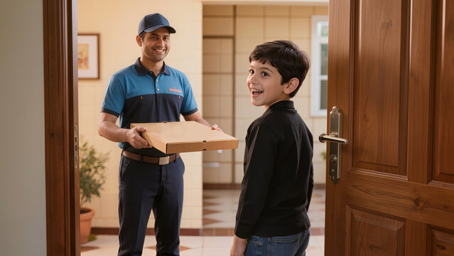 Happy Young Indian Boy Receiving Pizza Box Delivery at Front Door of Home