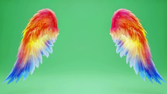 Vibrant Rainbow Angel Wings Gently Fluttering Against Green Screen Background for Visual Effects Compositing