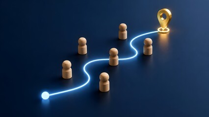 Obraz premium Glowing digital pathway weaving through wooden peg figures towards a golden location pin representing career journey and strategic direction