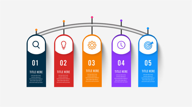 Modern 5 options arched line process diagram infographic with colorful pill shaped cards vector graphic