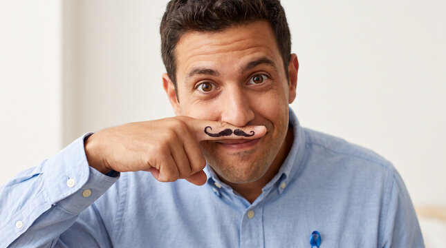 Man holding finger mustache and smiling in a modern indoor setting  