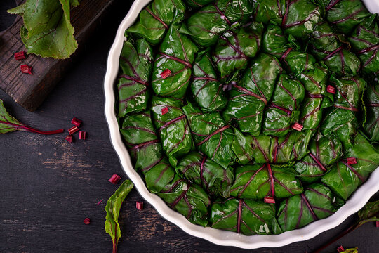 Stuffed Beet Leaves Rolls in Baking Dish Top View
