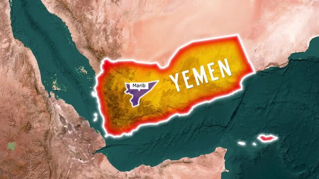 Yemen map animation highlighting Marib province with glowing border footage
