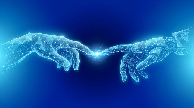Digital wireframe human and robotic hands reaching out to connect with a spark of energy between their fingertips, representing ai and human interaction
