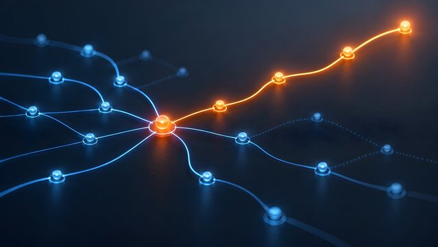 Illuminated digital network grid highlighting a primary glowing orange breakthrough path among blue connections