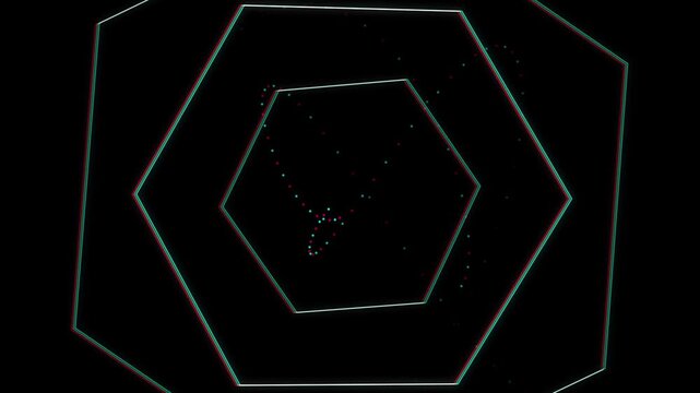 Neon Pentagonal Geometric Tunnel With Chromatic Aberration Effects Creates A Rhythmic Pulsing Motion, Visualizing Immersive Digital Transformation And Advanced Futuristic Technology