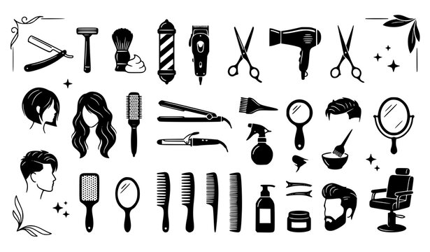 Barber shop and hair salon silhouette icon set with professional tools scissors combs straight razor chair and stylish male female haircuts vector illustration