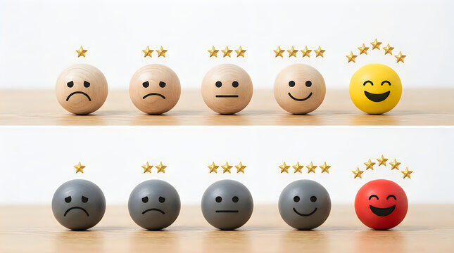 Two rows of wooden spheres with different facial expressions and star ratings representing customer satisfaction levels on a wooden surface