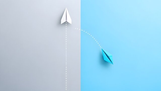 Blue paper airplane diverging from the straight path of a white airplane demonstrating alternative business strategy