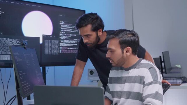 Team engineers software development are brainstorming using computer writing code. Programmer teamwork meetings using technology artificial intelligence work system about cyber security and coding
