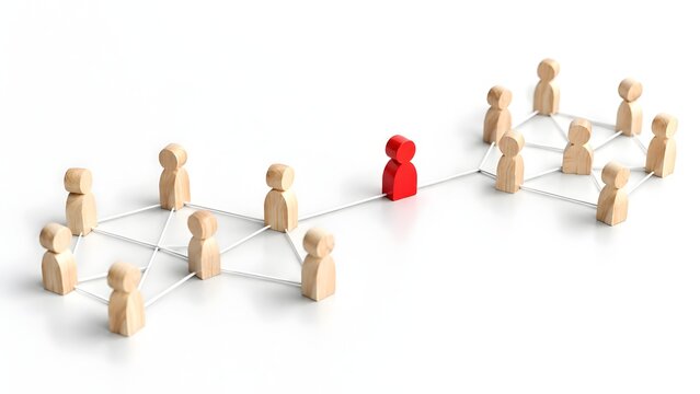 Red wooden figure acting as a central hub connecting two separate team networks illustrating communication and strategic mediation