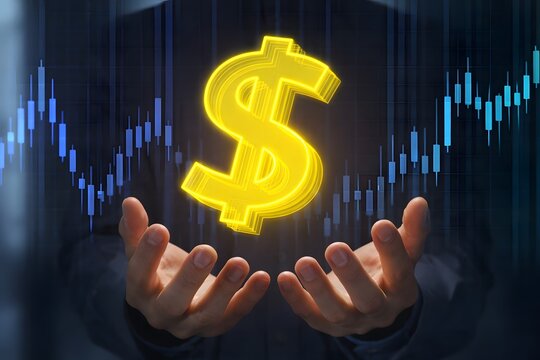 Dollar sign with charts. Currency exchange rate in financial market. Foreign exchange trader holding $ symbol.