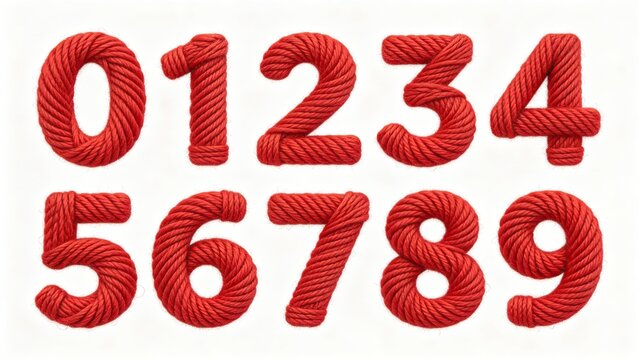 Red rope numerals zero to nine, 3D typography set, creative font on white background