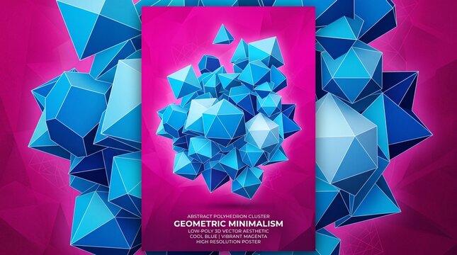 Abstract 3D Blue Low Poly Geometric Cluster Poster Mockup on Magenta Background