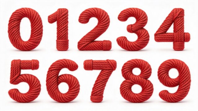 Red rope numerals zero to nine, 3D typography set, creative font on white background