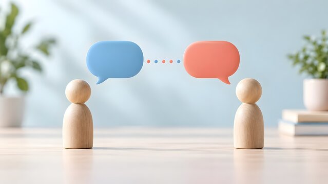 Two wooden figures with connected blue and red speech bubbles illustrating interpersonal communication and dialogue