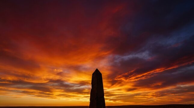 Silhouette of Washington Monument Obelisk Against Fiery Sunset Sky