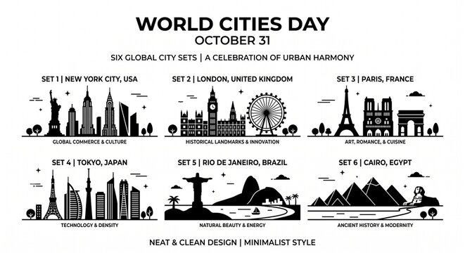 World Cities Day 2026 Collection of Six Global City Skylines, Black Silhouette Icons on White Background with Minimalist Typography