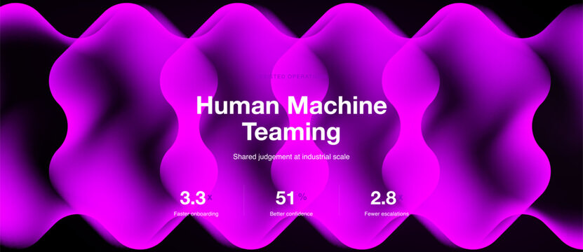 Abstract purple shapes dominate dark background. Text highlights Human Machine Teaming, plus statistics regarding faster indexing, better confidence, fewer escalations.