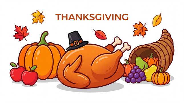 Cartoon Turkey Wearing Pilgrim Hat Thanksgiving