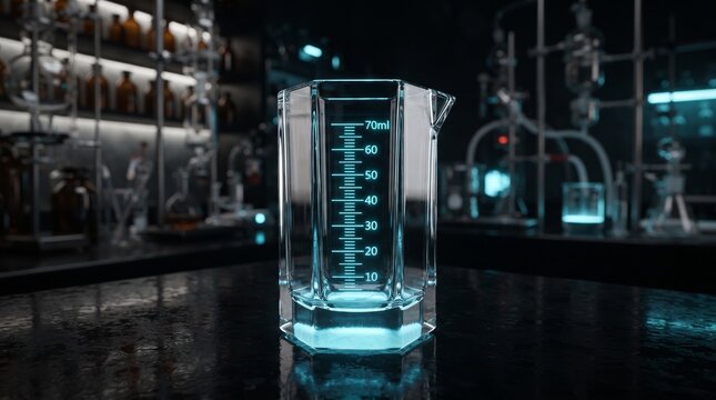 Hexagonal bartender measuring glass inspired by laboratory beakers, featuring cyan measurement lines and ice blue base illumination.