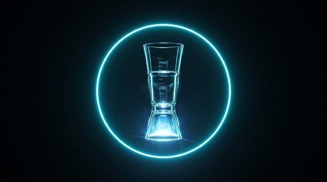 Floating bartender measuring glass with precise graduations, electric cyan circular illumination and ice blue glow against a futuristic black background.
