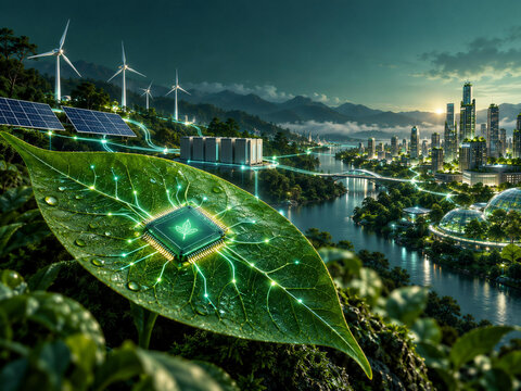 Green Technology Microchip on Leaf Connected to a Smart City