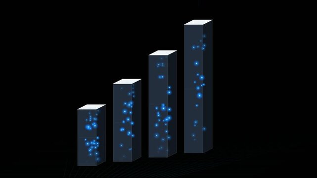 Abstract 3d bar chart with glowing blue particles on black background