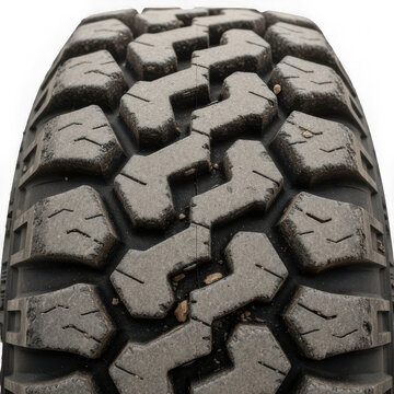 Close up view of a rugged off road tire tread pattern isolated on a black background