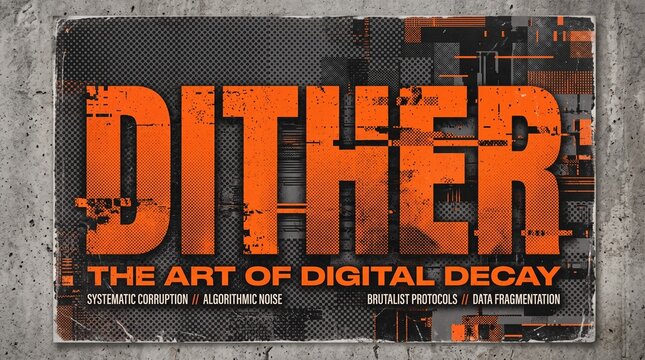 Distressed Dither Digital Decay Glitch Typography Poster on Concrete Wall