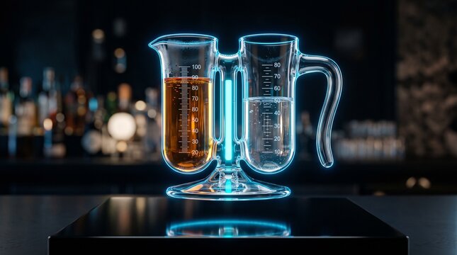Futuristic double-chamber bartender measuring glass with dual liquid levels, electric cyan illumination and ice blue edge lighting.