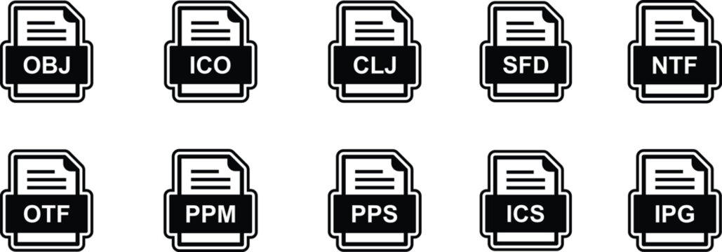Set of file extension folder icons including OBJ ICO CLJ SFD NTF OTF PPM PPS ICS and IPG formats.