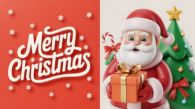 Merry christmas greeting with santa claus gifts and decorated christmas tree